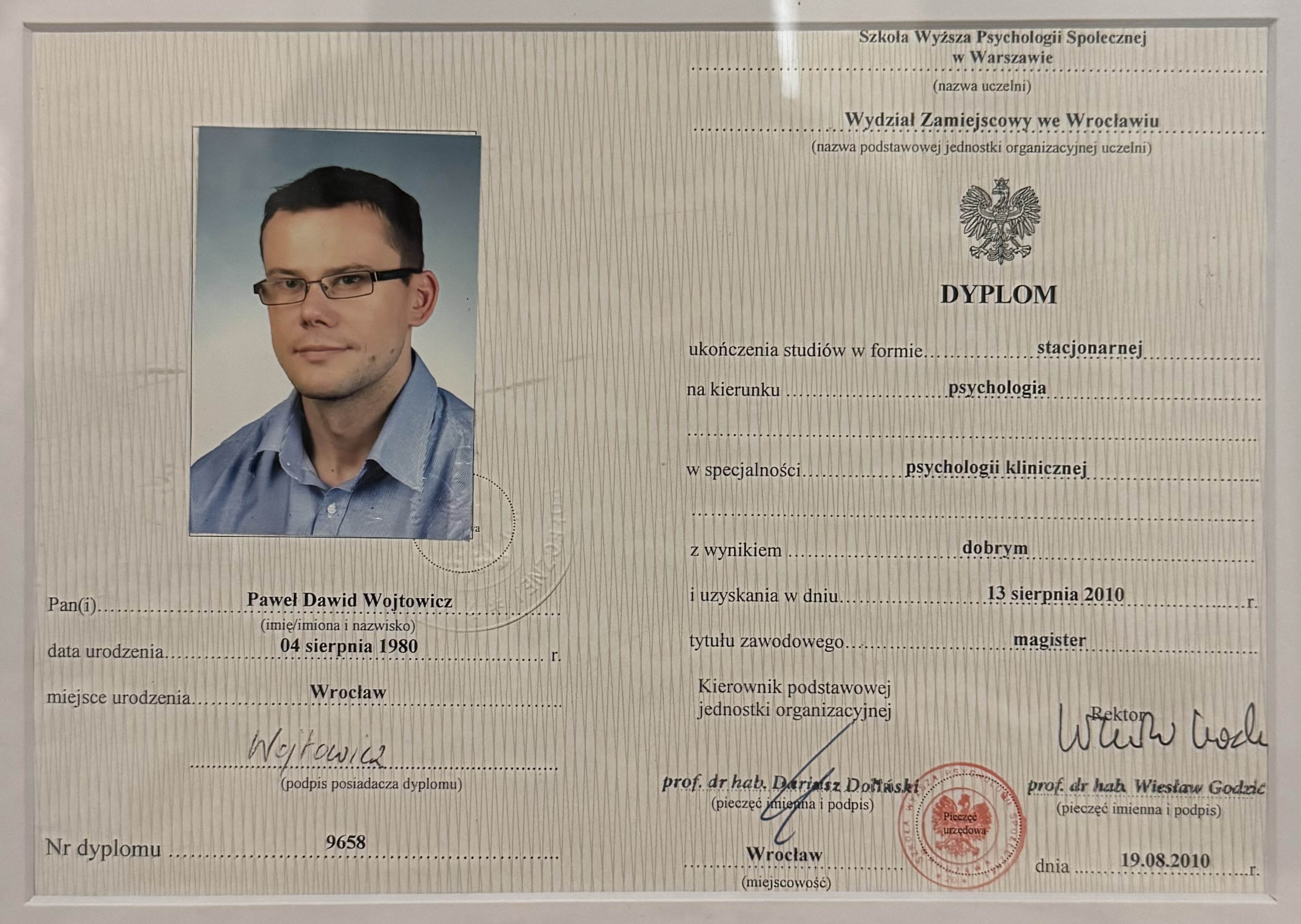 Dyplom Paweł Wojtowicz Psychoterapeuta Wrocław