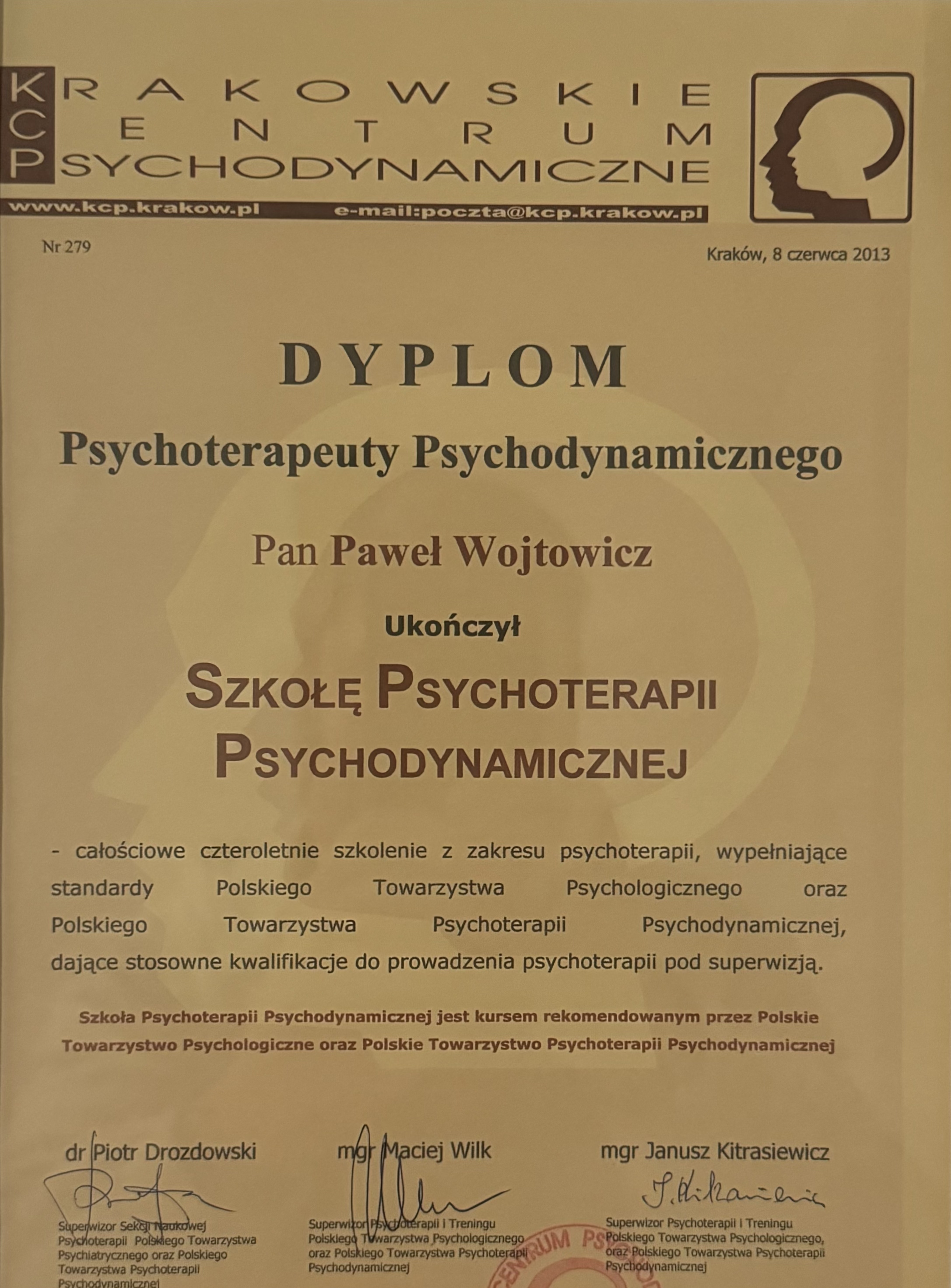 dyplom Paweł Wojtowicz Psychoterapeuty psychodynamicznego Wrocław