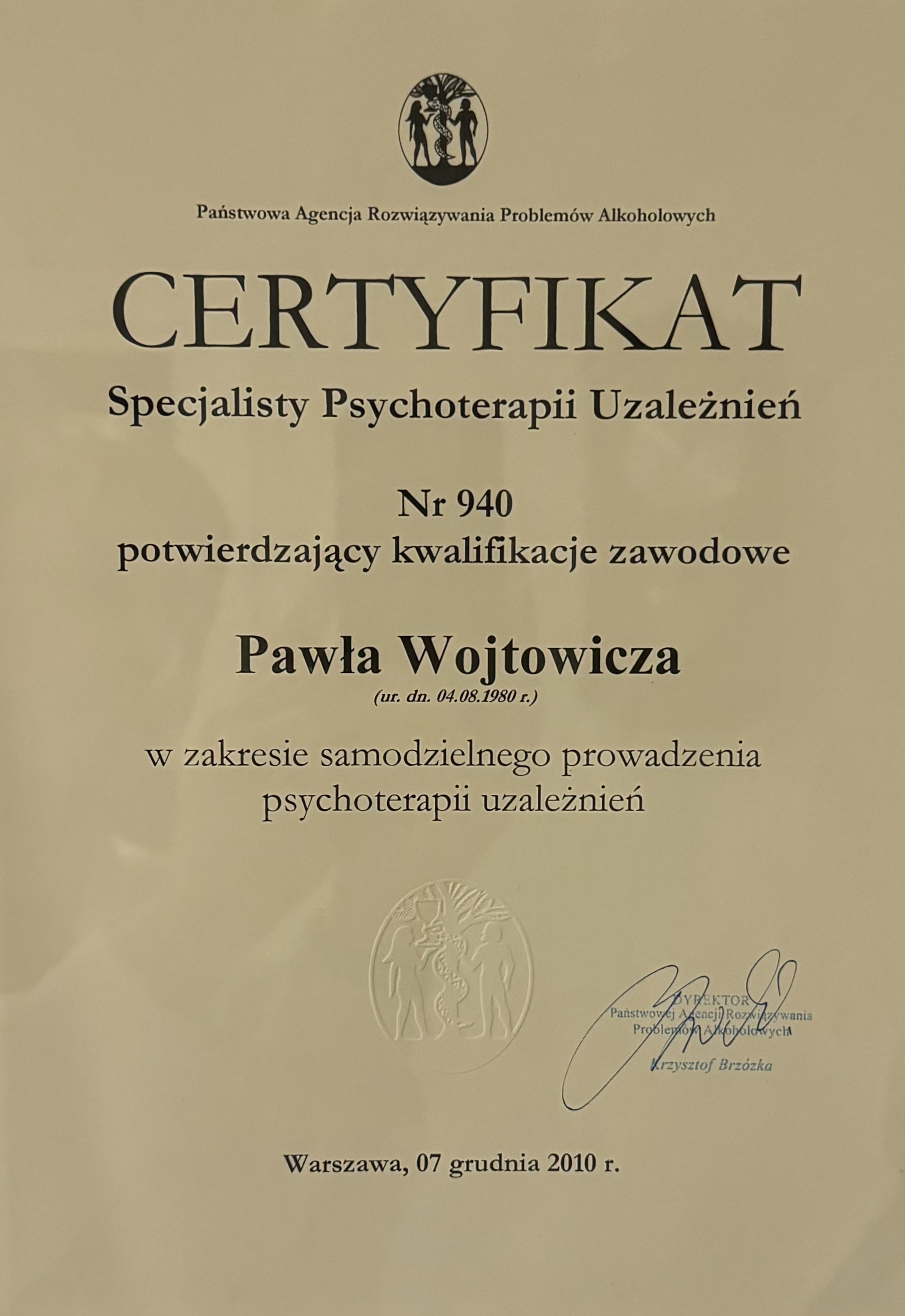 certyfikat specjalisty Paweł Wojtowicz Psychoterapeuta Wrocław